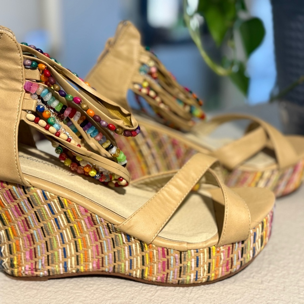 Beaded Tan Wedge Sandals - Women